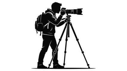 Photographer stands with a camera on a tripod to capture high-quality images for professional projects. © Sadee Girl