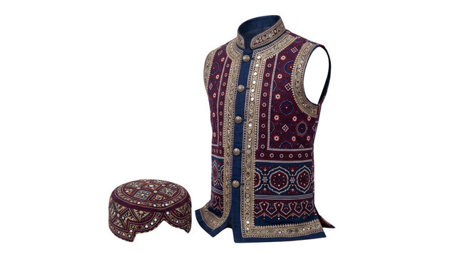 Traditional Sindhi Ajrak waistcoat and matching cap, ethnic Pakistani men's formal wear with embroidery, cultural Sindhi topi and vest set isolated PNG with Transparent Background