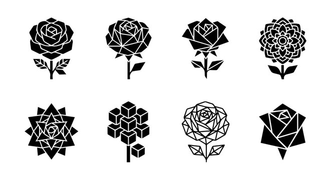 Rose icon set, black outline and solid, white background, vector illustration