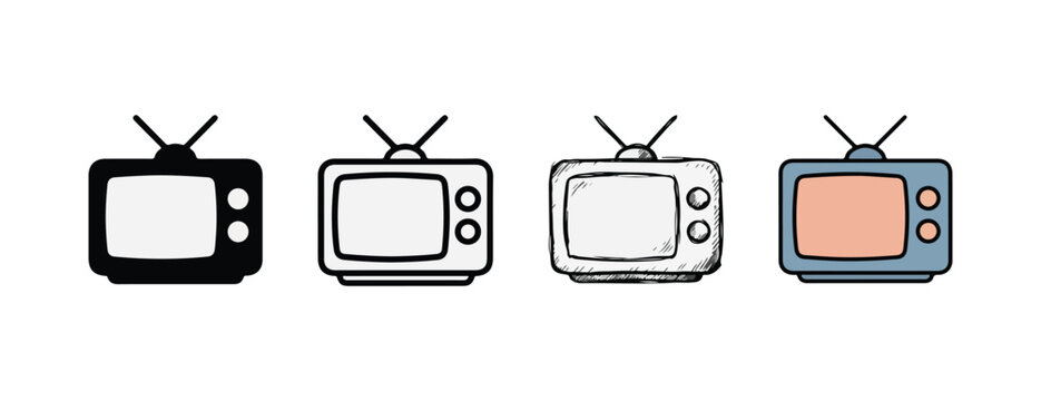 Vintage television set collection featuring four different styles with antennas knobs and screens isolated on transparent background