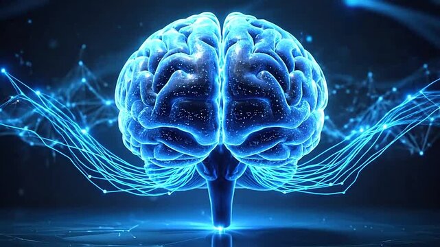 A glowing digital human brain model with complex network connections