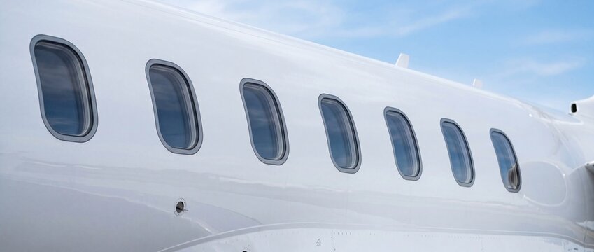 Private jet fuselage windows close up luxury aircraft exterior detail