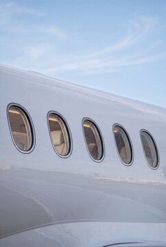 Private jet fuselage windows close up luxury aircraft exterior detail
