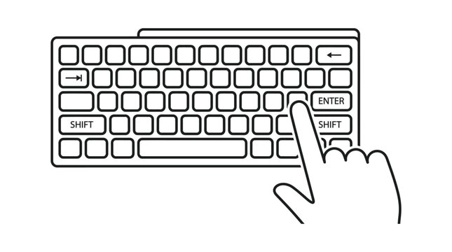 Minimalist outline illustration of a human hand pressing the enter key on a black and white computer keyboard interface layout