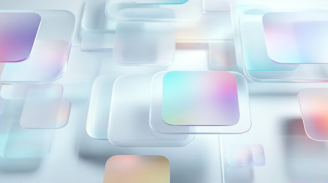 Abstract 3D background with layered glassmorphism rounded squares and colorful pastel holographic gradients