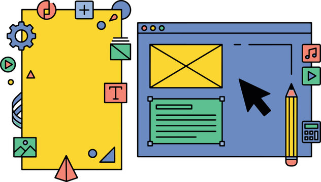 Web development and graphic design workspace illustration with development interface workspace computer creative software production internet programming technology business projects