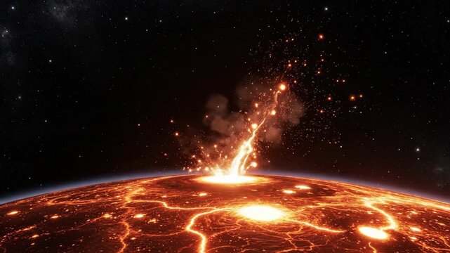 A dramatic visual of a planet undergoing a massive volcanic eruption, with glowing lava and fiery debris.