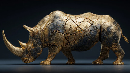 Fototapeta premium Majestic rhinoceros sculpture with cracked gold leaf texture on dark background