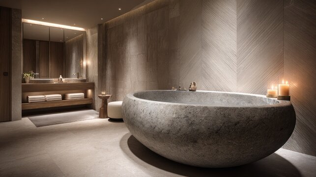 Luxurious bathroom features a large natural stone bathtub illuminated by warm ambient lighting and candles.