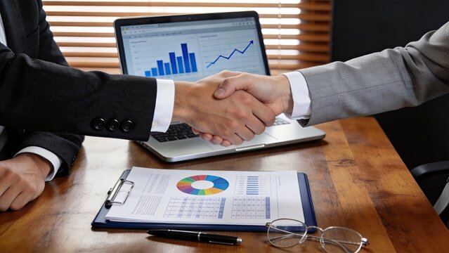 Business partners handshake sealing a deal after contract signing, professional meeting for collaboration and agreement with financial charts and documents on wooden desk in