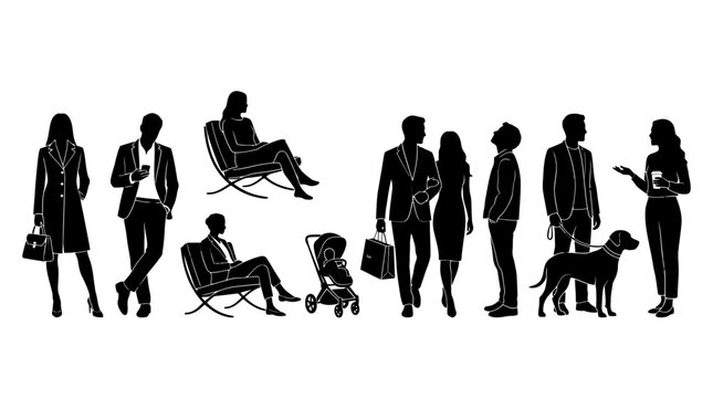 Minimalist white line art of a diverse group of people standing and sitting in various poses, featuring elegant contour lines and a modern, abstract aesthetic. PNG, Transparent Background