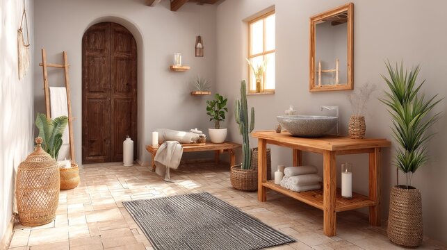 Rustic wooden vanity area complements a bright bathroom filled with natural elements