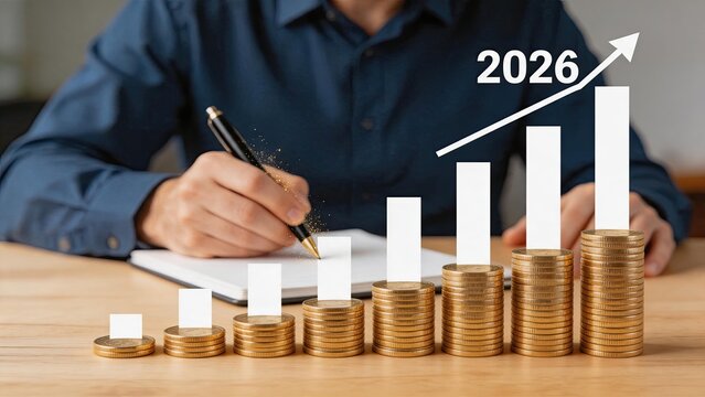 Man writing notebook beside ascending bar chart made of gold coins, arrow pointing to 2026, visualizing financial growth, investment success, economic forecast, wealth