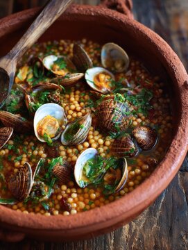A bowl of Italian fregola pasta with clams and saffron broth garnished with fresh herbs served in a terracotta dish on a coastal background.