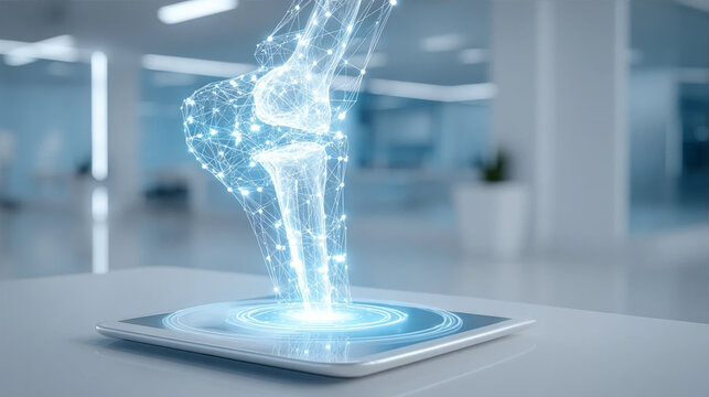Futuristic digital hologram of a human knee joint bone structure projected from a tablet computer screen in a medical clinic environment
