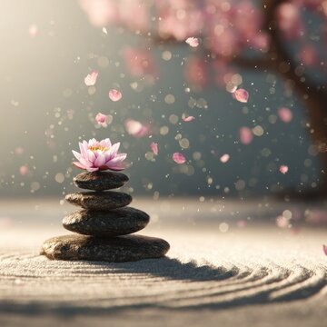 Stacked stones topped with a blooming lotus flower rest in a raked sand garden as pink petals drift through the air.