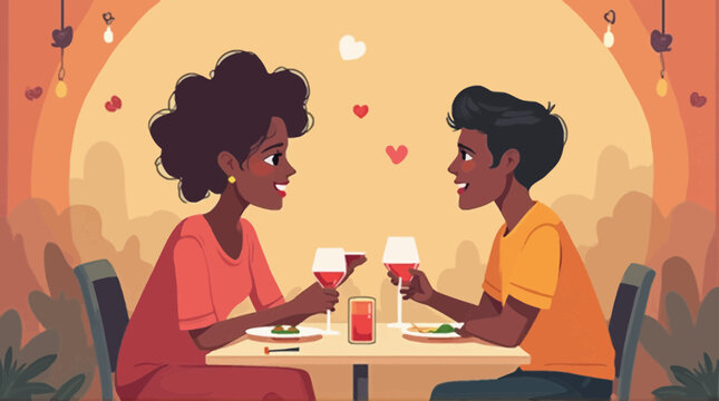 Smiling diverse couple shares a romantic dinner date and drinks in a warm, intimate setting.