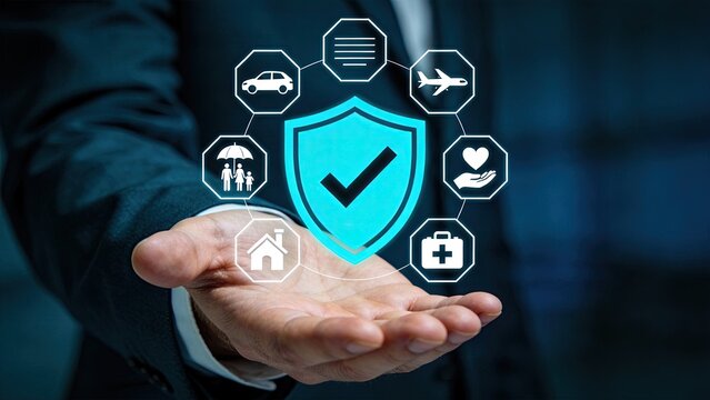 Hand holding digital shield icon with protection symbols for car, home, health, travel and family, comprehensive insurance coverage and security concept illustration