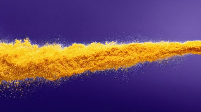 Bright yellow particulate matter flows dynamically across a deep violet background