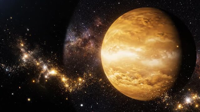 A large, orange planet with swirling clouds rotates in deep space, set against a luminous galaxy and twinkling stars.