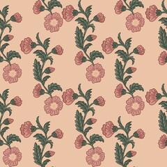 Fototapeta premium Floral pattern illustration featuring pink flowers and green leaves on a soft peach background, suitable for textile design and wallpaper applications