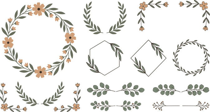 Hand drawn floral wreaths and decorative plant borders collection with botanical decorative invitation ornament circular illustration ornamental invitations stationery decoration