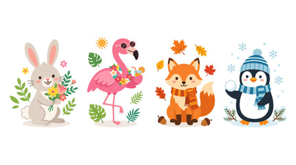 Fototapeta premium Cute animals representing four seasons spring summer autumn winter