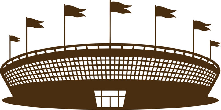 Brown stadium with flags on poles around it is shown here  large sports venue