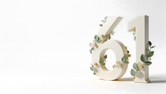 Elegant 3D number 61 decorated with green leaves and gold berries on clean white background, luxury botanical sixty-one birthday anniversary celebration horizontal banner with copy space