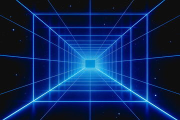Obraz premium A futuristic wireframe tunnel of glowing blue neon lines recedes into a dark starry space, creating a sense of depth and dimension.