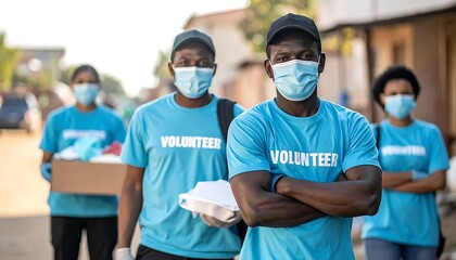 Fototapeta premium Volunteers wearing face masks standing together.