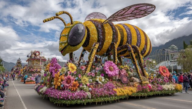 Festival float of giant bee over parade of flowers, celebratory grandeur