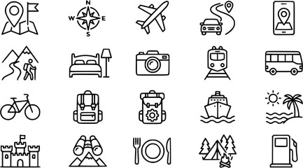 Travel and Tourism Icons: Line Art Collection for Tourism, Adventure, and Holiday Themes © amara