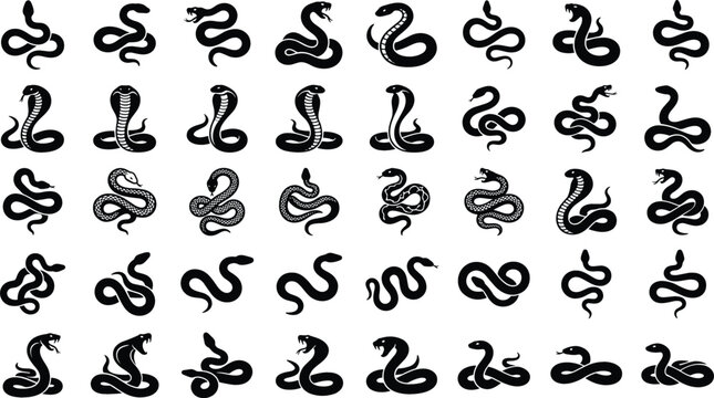 Snake and Cobra Silhouette Icon Set with Venomous Serpents Reptile Symbols for Logos Tattoos Badges and Graphic Designs