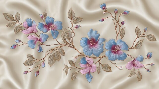 Detailed floral embroidery design appears raised upon flowing satin fabric background