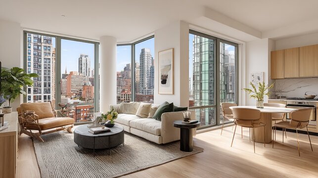 Modern open concept living area with expansive city views features contemporary furnishings and a dining space