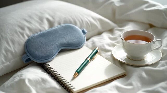 A light blue sleep mask rests beside an open notebook with a pen and a teacup on a saucer