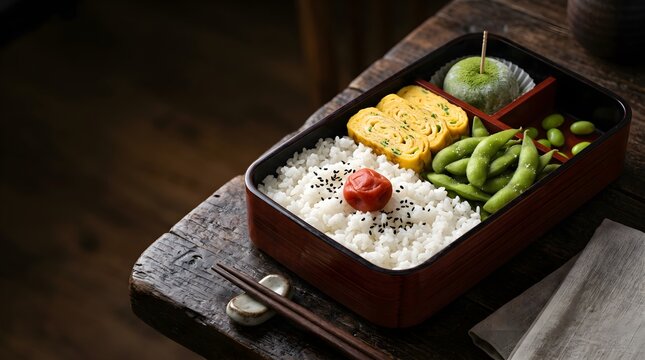 Traditional Japanese bento box with rice, edamame, tamagoyaki, and green apple on a wooden table with chopsticks.