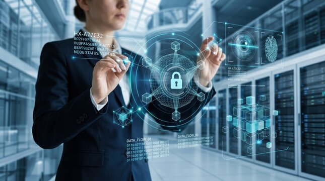 Cybersecurity concept with businesswoman interacting with holographic lock, data protection, network security, biometric authentication, fingerprint scan, server room background