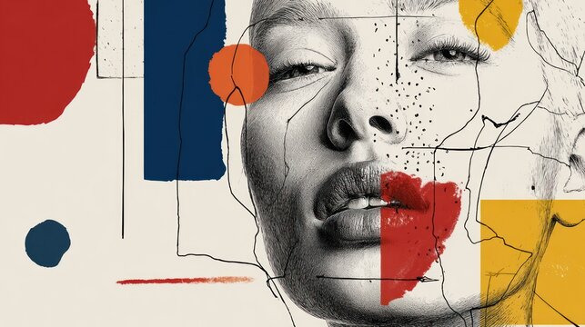 Artistic collage blends figurative portraiture with abstract geometric shapes and vibrant color blocks