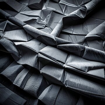 A dark, abstract arrangement of crumpled, shiny material