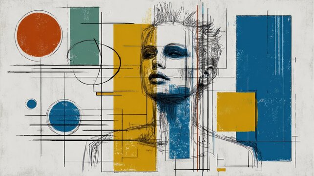 Stylized portrait drawing overlaid with geometric shapes and intersecting lines creates abstract composition