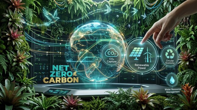 Net zero carbon footprint global initiative featuring digital earth hologram surrounded by lush greenery highlighting renewable power and circular economy sustainability