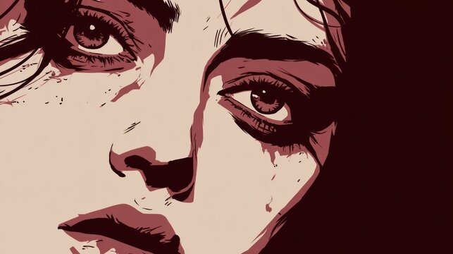 Dramatic close up depiction features stylized facial features of a female figure utilizing limited color palette