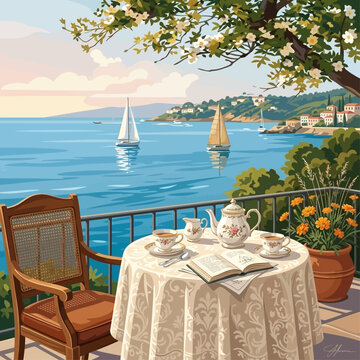 A serene seaside scene with a table set on a balcony overlooking sailboats on the water with trees and flowers