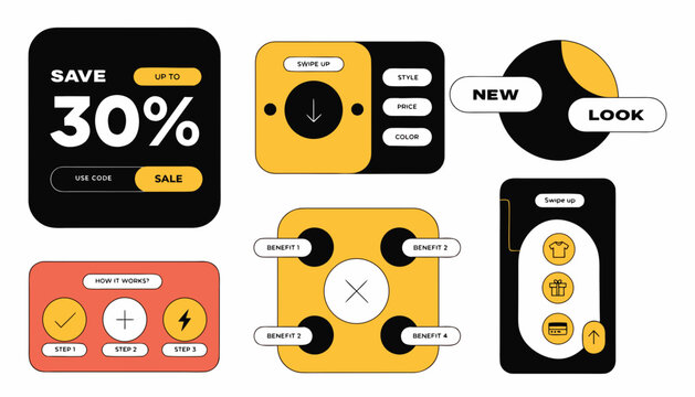 UI button icons, yellow and black interface elements, sale discount labels, vector graphics