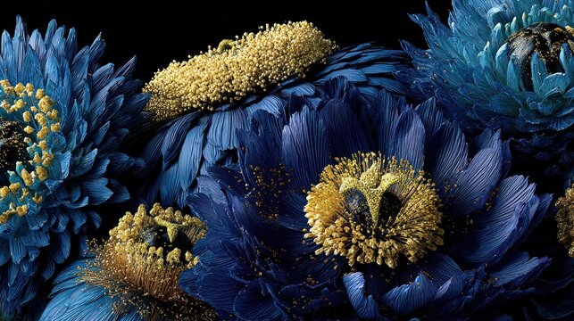 Deep indigo and gold botanical forms create a dramatic floral arrangement against a dark background
