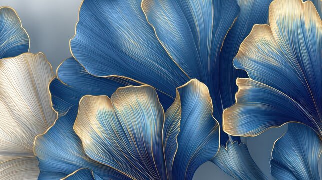 Abstract composition featuring overlapping stylized petals with detailed texture and metallic accents