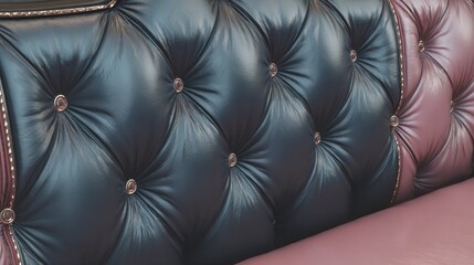 Naklejka premium Deeply tufted upholstery features alternating dark blue and pink sections with decorative metal studs.