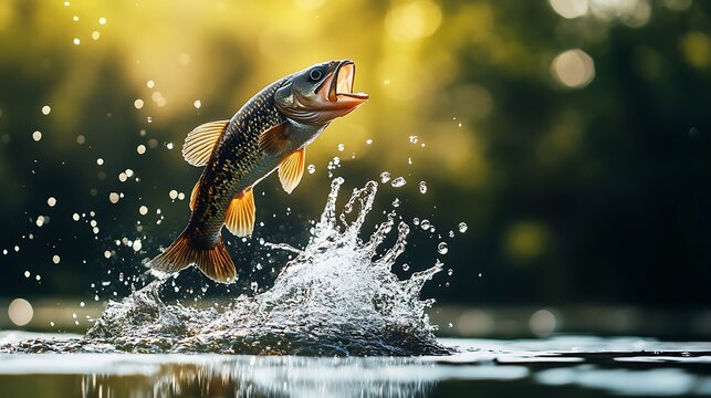 Brown trout jumping out of clear river water with dynamic splashing droplets in beautiful golden hour warm sunlight background scene